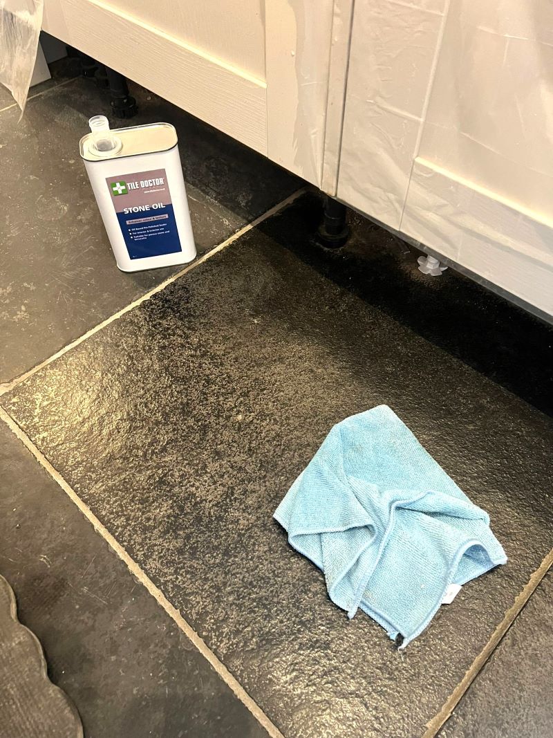 Black Limestone Kitchen Floor During Sealing Northolt